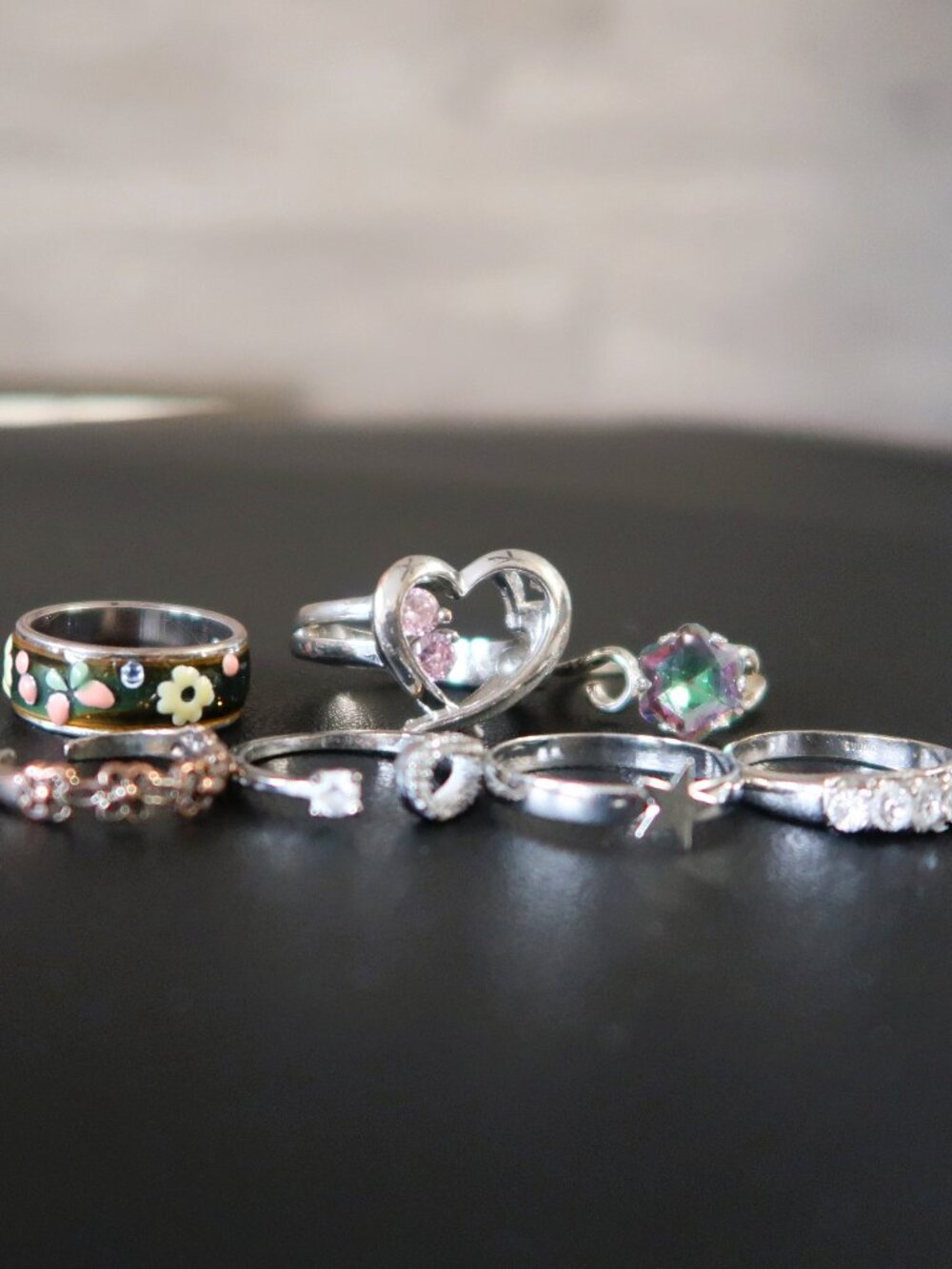 Lot of 7 Used Costume Rings Silver Mystic Topaz Heart Floral Star Bundle